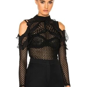 Self-Portrait Purl Knit Black Diamond Lace Ruffled High Neck Sheer Top, Sz 6
